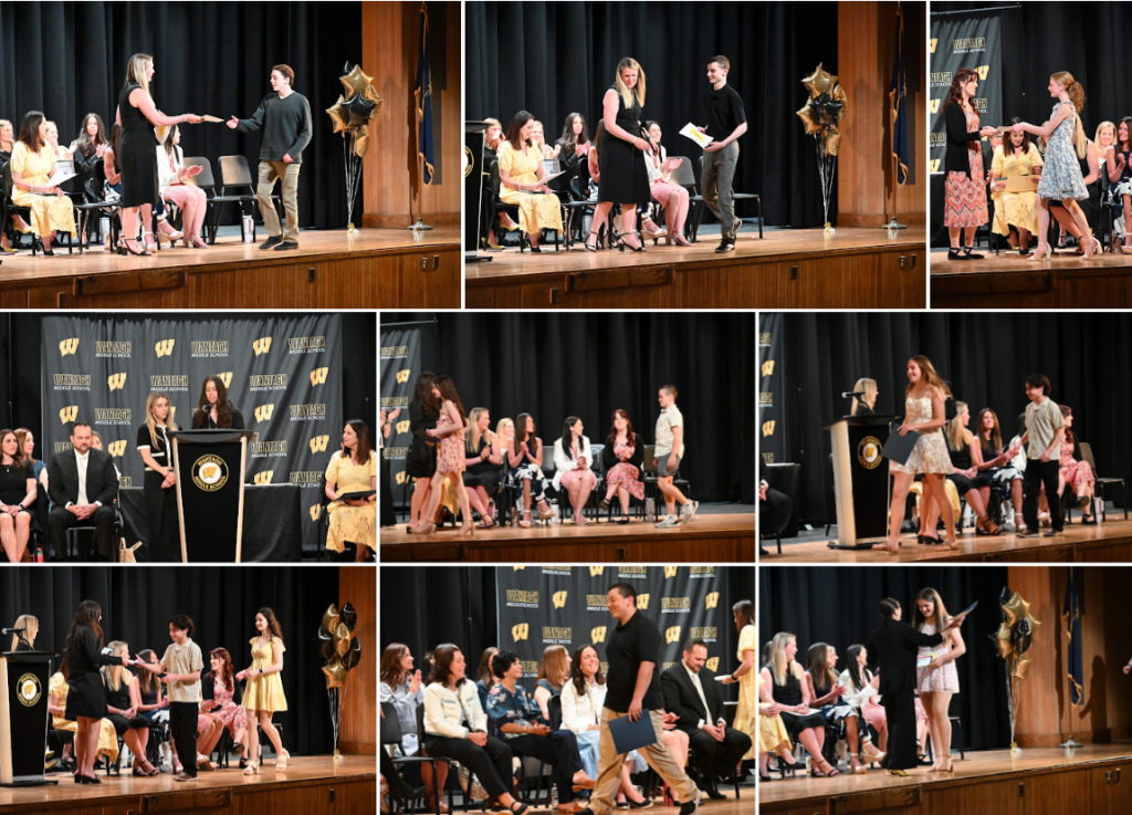 students receiving awards on stage